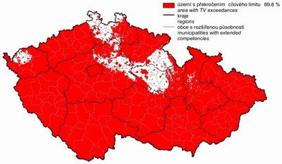 Obr. 39 Situace znečištění ovzduší na území ČR. Celkové znečištění s překročením cílového limitu
89,8 %. Ročenka MŽP, 2007.