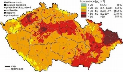 Obr. 40 Situace znečištění ovzduší na území ČR. Koncentrace prašného aerosolu.
Ročenka MŽP, 2007.