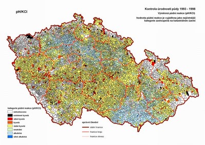 Obr. 43 Kyselost půd ČR podle půdní reakce pH / KCl. Česká zemědělská inspekce, 1993–1998.