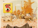 Die DDR feiert mit dem Plakat den Wiederaufbau der Industrie unter dem ersten Funfjahrplan und verbindet dies mit Propaganda gegen Westdeutschland