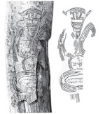 Geometricky stylizovaná rytina ženy v mamutím klu