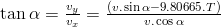\tan\alpha=\frac{v_y}{v_x}=\frac{(v.\sin\alpha-9.80665.T)}{v.\cos\alpha}