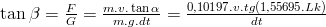 \tan\beta=\frac{F}{G}=\frac{m.v.\tan\alpha}{m.g.dt}=\frac{0,10197.v.tg(1,55695.Lk)}{dt}