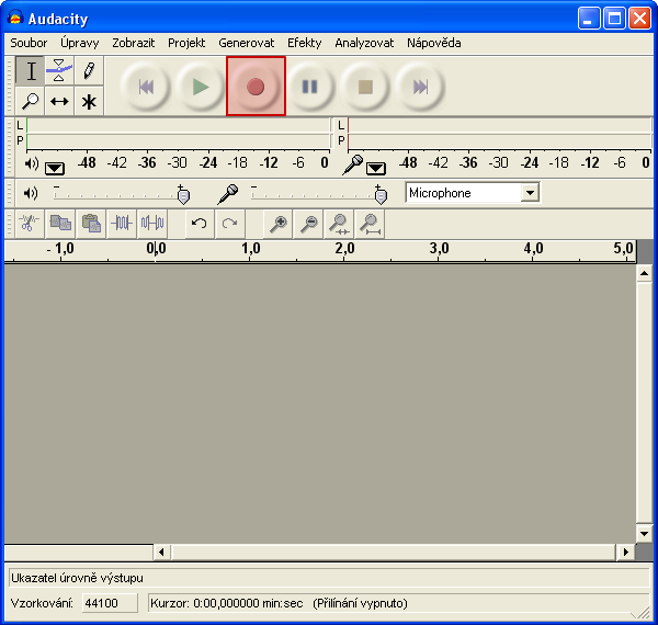 Spuštěný program Audacity s vyznačeným tlačítkem pro nahrávání