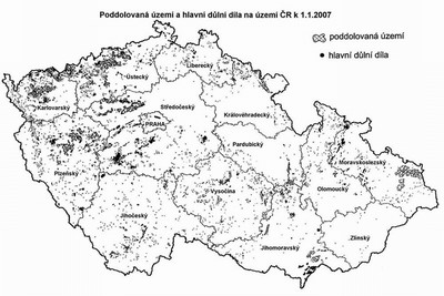 Obr. 109 Mapa střetů zájmů mezi využitím zdrojů nerostných surovin a ochranou přírodního prostředí ČR. Geofond Praha