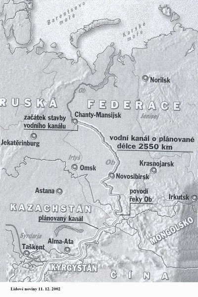 Obr. 120 Plánovaný zavodňovací kanál z Obu do Kazachstánu.