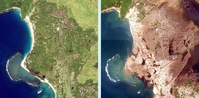 Obr. 129 Tsunami na poloostrově Meulaboh v Indonézii bylo způsobeno v prosinci r. 2004 zemětřesením v Indickém oceánu severně od Sumatry. Přišlo o životv283 000 lidí.100 největších katastrof, Rebo, 2006