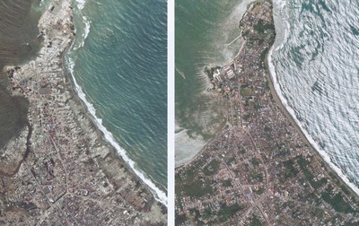 Obr. 130 Stejné tsunami zničilo obec Gleebruck. Na leteckém snímku je obec při příchodu vln (A) a po jejich ústupu (B). 100 největších katastrof, Rebo, 2006