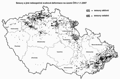 Obr. 17 Sesuvy a jiné nebezpečné svahové deformace na území ČR k 1. 1. 2007. Ročenka MŽP, 2007, podle ČGS.