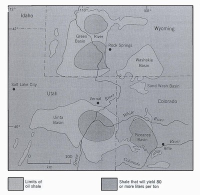 Obr. 70 Výskyty bitumenových břidlic v USA (Utah, Colorado, Wyoming). Geoscientist, 2008