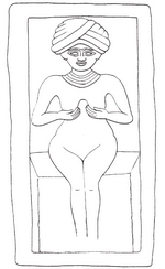 Nahá žena (bohyně) v turbanu a s nákrčníkem si tiskne ňadra