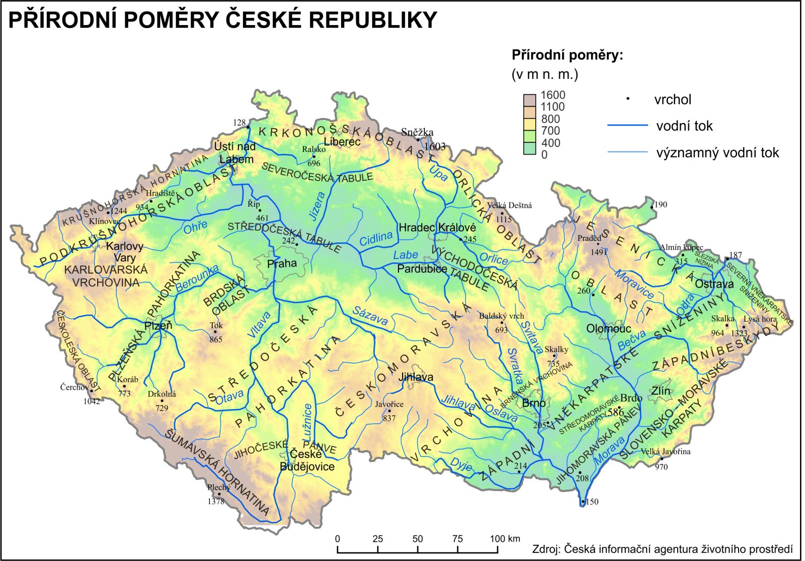 Mapa přírodních poměrů bez sídel