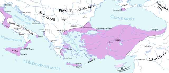 Mapa byzantské říše na konci 7. století
