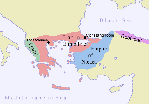 Mapa nástupnických států Byzance po roce 1204