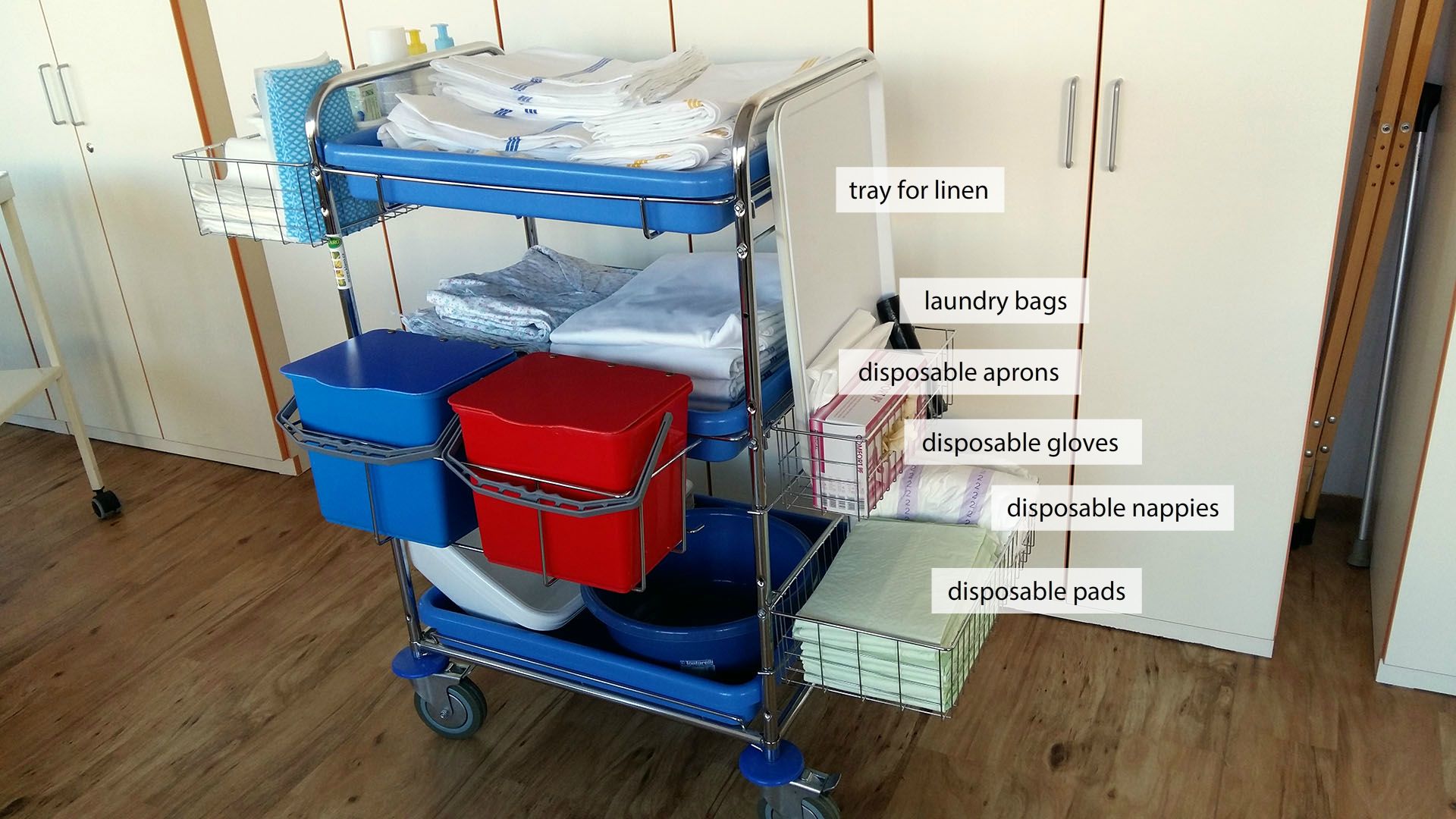 Trolley with hygienic care equipment – side view