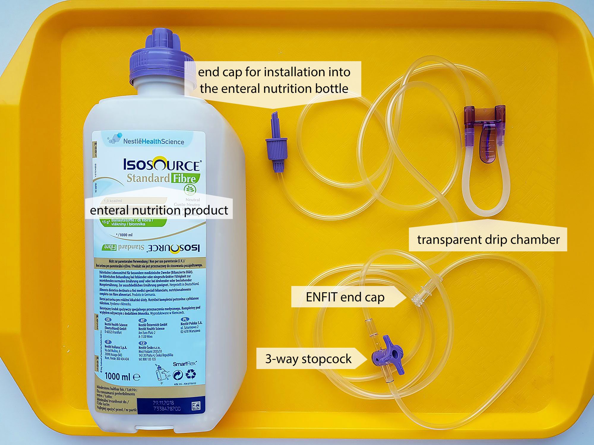 Enteral nutrition product and set for enteral pumps