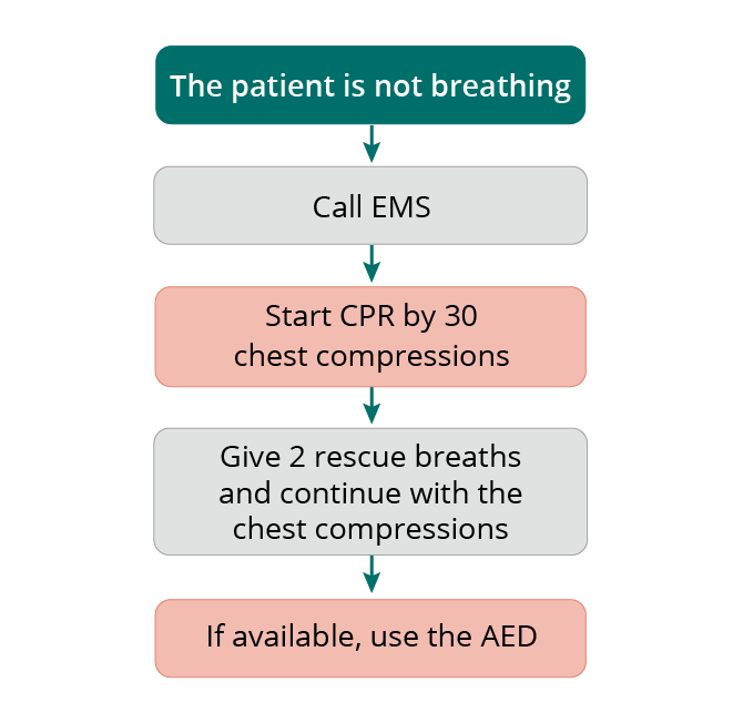 The patient is not breathing. What will be your next steps?