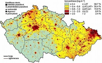 Obr. 41 Území s překročením cílového limitu přízemního ozónu.
Ročenka MŽP, 2007