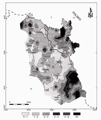 Obr. 51 Průmyslové znečištění půd kovy podle indikace magnetické susceptibility.
Hodnoty poměru obsahu kovu k jeho nejvyšší přípustné koncentraci. Matýsek, 1996.