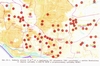 Obr. 25 Hodnoty úrovně V. m-2. h a ozáření v % VKV vysílače v centru Bratislavy. J. Gricko, 1994.