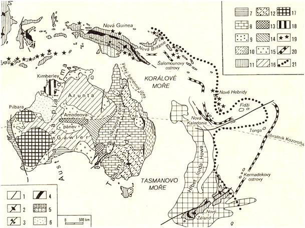 Strukturně geologická mapka Austrálie v kontextu sv. cípu Indicko-australské tektonické desky.