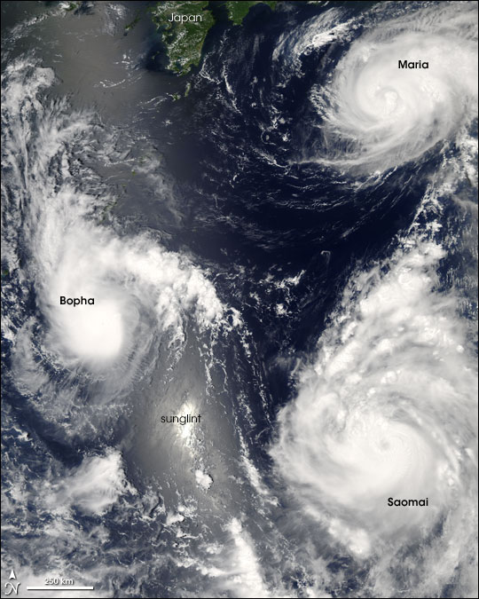 Satelitní snímek zachycující jižně od Japonska vývojová stádia tropické cyklóny (vlevo uprostřed tropická deprese Bopha, vpravo nahoře tropická bouře Maria, vpravo dole tajfun Saomai)