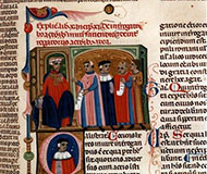 Právníci na ilustrovaném rukopisu Corpus iuris civilis, kolem roku 1330
