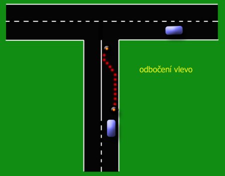 Odbočení cyklisty vlevo, cyklista se po ohlédnutí vzad a signalizaci řidičům přiblíží ke středové linii