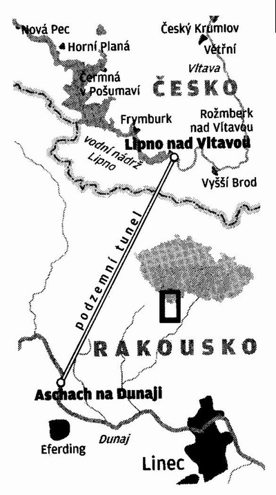 Obr. 94 Projekt kombinované přečerpávací elektrárny Lipno – Aschach. Lidové noviny 2008