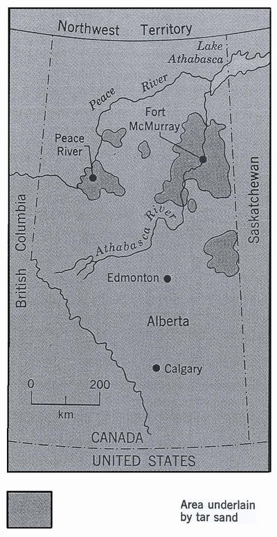 Obr. 69 Výskyty asfaltových písků v Kanadě, provincie Alberta. Geoscientist, 2008