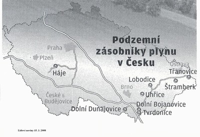 Obr. 84 Podzemní zásobníky plynu v ČR. Lidové noviny 15. 3. 2008