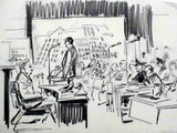 Das Bild zeigt den Gerichtssaal mit den Angeklagten und ihren Verteidigern wahrend der Auschitz-Prozesse 1964