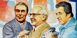 Dreifachportrait von Breschnew, Honecker und Krenz