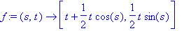 f := proc (s, t) options operator, arrow; [t+1/2*t*cos(s), 1/2*t*sin(s)] end proc