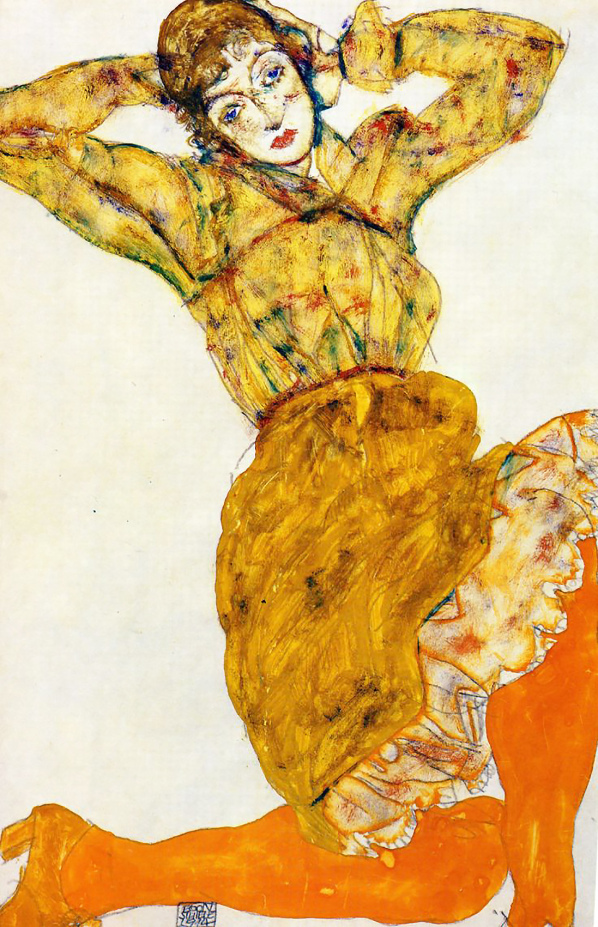 Žena v oranžových punčochách. Autor: Egon Schiele.